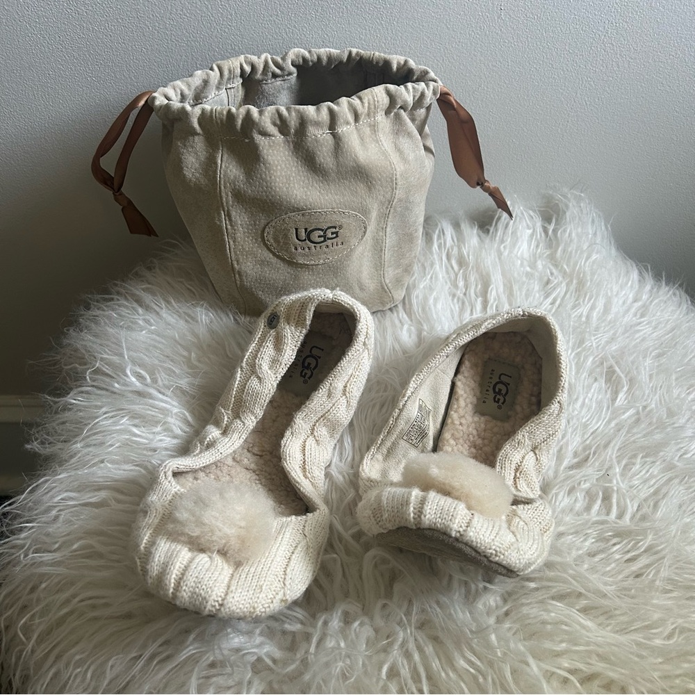 UGG Beige Knit Slippers with Pom Pom